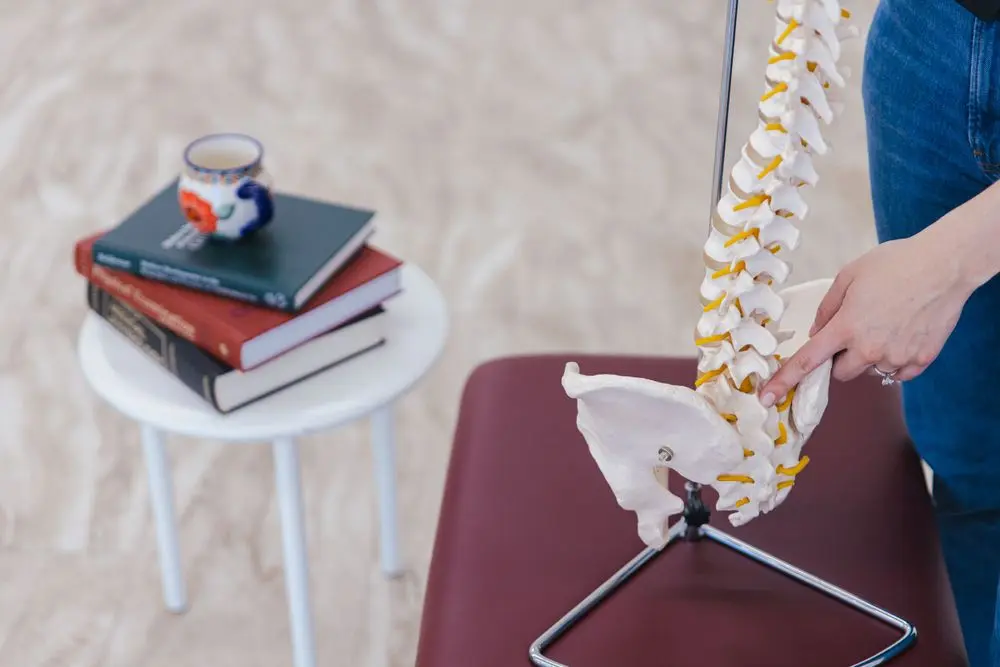 A woman's hand placing a spine model on a treatment table, with a stack of books and a painted mug on a white side table behind, photographed by Create With Amy