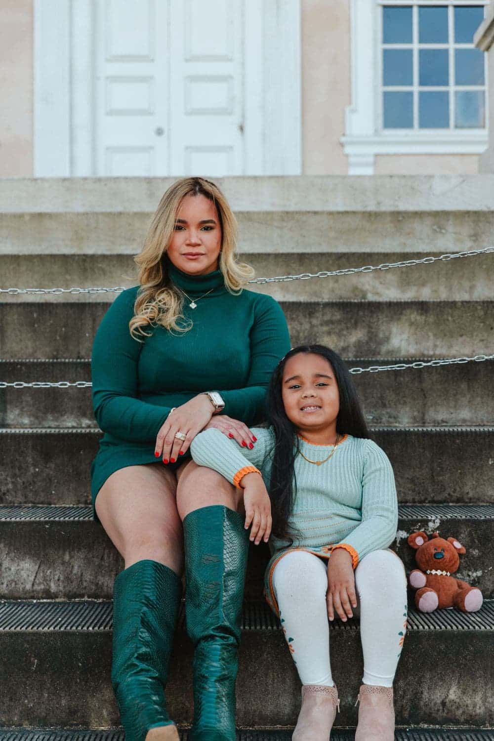 Mother and daughter fall portrait on stone steps by Create With Amy, family photographer in Maryland